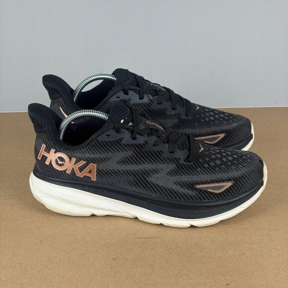 Hoka Clifton 9 Athletic Running Shoes Womens 7 Black Rose Gold Low Top Lace Up - Picture 3 of 10